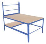 The Vestil Multi-Purpose Packaging Work Bench features a blue metal frame, a large beige tabletop, an extra smaller shelf for storage, and horizontal bars on one side for organization and support.