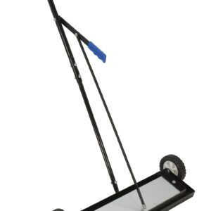 The Vestil Magnetic Sweeper Bended Handle 24 In features a rectangular base, two wheels, and blue grips. This black sweeper efficiently collects metal debris with an adjustable handle that tilts backward for easy maneuverability.