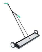 The Vestil Magnetic Sweeper Bended Handle 36 In features black wheels, ergonomic green grips, and an adjustable handle. Its sturdy rectangular base efficiently collects metallic debris from floors with ease.
