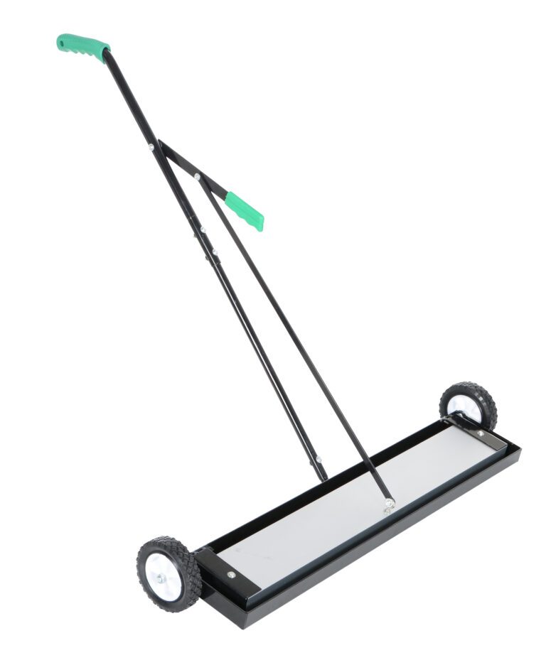 The Vestil Magnetic Sweeper Bended Handle 36 In features black wheels, ergonomic green grips, and an adjustable handle. Its sturdy rectangular base efficiently collects metallic debris from floors with ease.