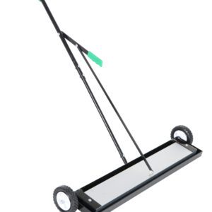 The Vestil Magnetic Sweeper Bended Handle 36 In features black wheels, ergonomic green grips, and an adjustable handle. Its sturdy rectangular base efficiently collects metallic debris from floors with ease.