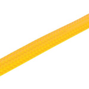The Vestil Anti-Slip Rubber Cable Guard in yellow is a long, rectangular ramp with a textured grid pattern and raised edges. It includes a smaller side channel for added functionality, and its slightly reflective design enhances safety and visibility.