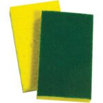 Two Scotch-Brite™ Scrub Sponges 74, with one slightly overlapping the other, display a practical design. The green tops are rough for scrubbing, while the yellow bottoms are smooth for gentle cleaning, stacked at an angle.