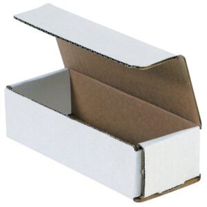 A small open, white corrugated MH-USA mailer (6 1/2 x 2 1/2 x 1 3/4) with a brown interior is viewed from above at an angle, showing its partially open flap lid and plain inside.