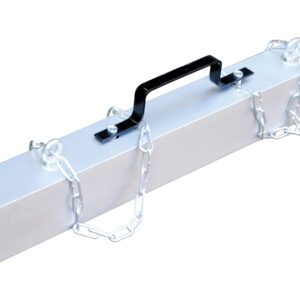 The Vestil Heavy Duty Magnet Sweeper Chain Hang 36 showcases a sturdy rectangular metal box with a black handle and dual side chains, emphasizing its durable and efficient design against a pristine white background.