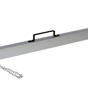 A metal rectangular bar with a black top handle, features hooks for secure lifting or carrying tasks, and chains attached to each end. This design is similar to the Vestil Heavy Duty Magnet Sweeper Chain Hang 72 style.