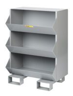 The gray storage rack, similar to Little Giant Stationary Storage Bins, has three open slanted shelves with divided compartments for easy access and is supported by two sturdy rectangular legs.