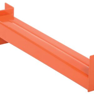 The Vestil Medium Cant Racking Straight Arm 12 In features a sturdy orange steel design with a rectangular base, supporting up to 600 lbs (272 kg), perfect for securely storing elongated items like pipes and lumber.