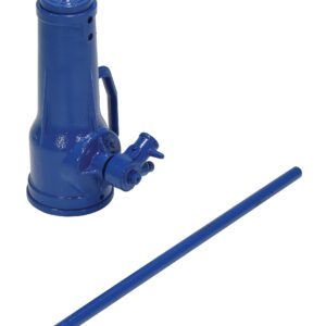 A blue hydraulic bottle jack, similar to the Vestil Mechanical Screw Jack 20000 Lb Capacity, has a removable matching lever. It features a cylindrical body with a side handle and a valve near the base. The lever is long and straight, running parallel to the jack.
