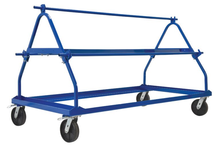 The blue industrial cart, akin to the Vestil Shrink Wrap Roll Cart 3 Roll Capacity, features a triangular frame and four black wheels. Its ideal for transporting large items like glass or boards and has a top and middle bar designed to efficiently accommodate roll capacities.