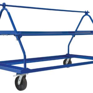 The blue industrial cart, akin to the Vestil Shrink Wrap Roll Cart 3 Roll Capacity, features a triangular frame and four black wheels. Its ideal for transporting large items like glass or boards and has a top and middle bar designed to efficiently accommodate roll capacities.