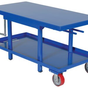 The Vestil Low Profile Mech Post Table 24 X 42 is a blue hydraulic lift table cart with a 24 x 42 surface and lower shelf. It has a side hand crank for height adjustment and moves smoothly on four wheels—two red, two gray.