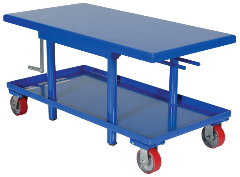 MT-2448-LP_A.jpg The Vestil Low Profile Mech Post Table 24 X 48 has a blue hydraulic lift, flat surface, sturdy base on four wheels, and a side manual crank handle for effortless height adjustment, providing versatility for various tasks.