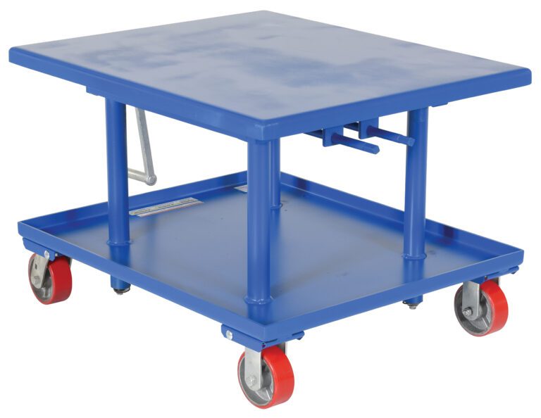 MT-3036-LP_A.jpg The blue metal Vestil Low Profile Mech Post Table 30 X 36 industrial cart has four red swivel caster wheels, a flat top surface, a lower shelf, sturdy metal legs, and a handle for easy maneuvering.