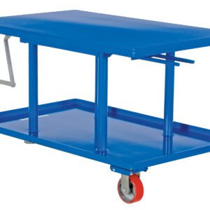 The Vestil High Profile Mech Post Table 30 X 42 features a blue rectangular metal design with four red wheels, a handle, and a crank for height adjustment. It includes a flat top surface and lower tray, measuring an efficient 30 x 42 inches.