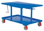 The Vestil High Profile Mech Post Table 30 x 48 is a blue metal table featuring a flat top, side hand crank, and four red caster wheels for easy mobility.