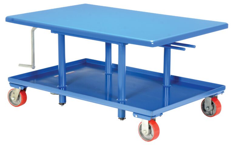 MT-3060-LP_A.jpg The Vestil Low Profile Mech Post Table 30 x 60 features a blue metal lift with a flat platform, supported by vertical rods and red-wheel casters. It includes a crank handle for adjustable height and rests on four wheels for easy mobility.