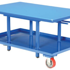 The Vestil Low Profile Mech Post Table 30 x 60 features a blue metal lift with a flat platform, supported by vertical rods and red-wheel casters. It includes a crank handle for adjustable height and rests on four wheels for easy mobility.