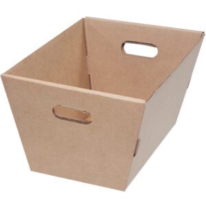 The MH-USA 19 1/2 x 13 x 10 Corrugated Tote, sold in bundles of 25, is a brown rectangular box with cut-out handles, an open top, and a tapered shape. Its sturdy corrugated texture makes it ideal for versatile storage needs.