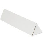 A white cardboard triangular prism, similar to the MH-USA 2 x 18 1/4 White Triangle Mailing Tubes (50/Bundle), is set against a pristine white background.