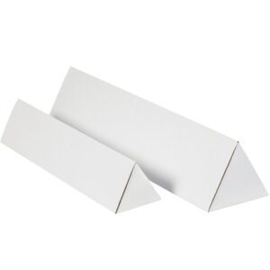 Two MH-USA 3 x 36 1/4 White Triangle Mailing Tubes, bundled in packs of 50, lie side by side on a white background. Their sleek triangular prism form is impeccably displayed in sturdy white cardboard.