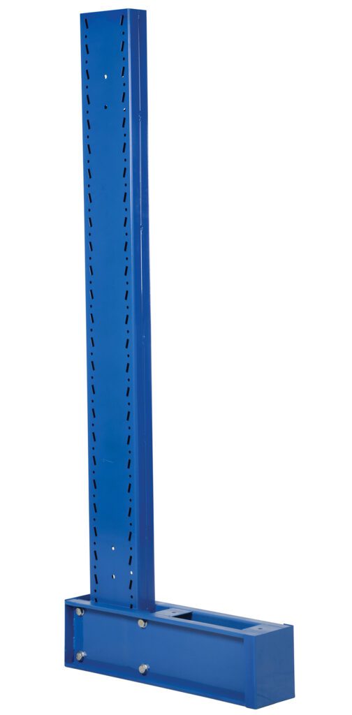 The Vestil Cantilever Single Upright Md 6Ft 18 Arm is a blue L-shaped metal support beam with multiple adjustment holes, a rectangular base, and four bolt attachments, ideal for structural support or assembly.