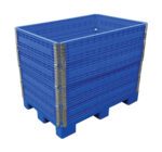 The Vestil Multi Height Container 2.5K Lb Capacity features a sturdy rectangular design, ideal for industrial use with its blue plastic build, reinforced corners, ribbed sides, and an elevated base with grid-like support to ensure durability and a capacity for heavy loads up to 2.5K lbs.