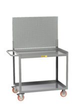 The Little Giant Mobile Workstation with Storage Drawer sports a sleek gray metal design, vibrant orange and gray wheels, a perforated pegboard back, a side handle for convenience, two shelves, and is adorned with a caution label for safety.