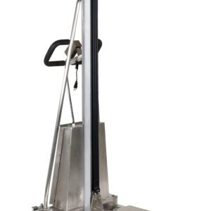 The Vestil Lightweight DC Power Stainless Steel Lift, with a 330 lb capacity, has a long handle and four wheels for easy transport. Its ergonomic handlebar ensures comfort while the platform is lowered for loading.