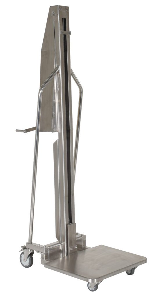 MWP-440-M-SS_A.jpg The Vestil Lightweight Manual Ss Lift 440 Cap, resembling a metal hand truck with a vertical frame and handle, features caster wheels for smooth movement and a flat, sturdy platform perfect for efficiently transporting heavy items or equipment.