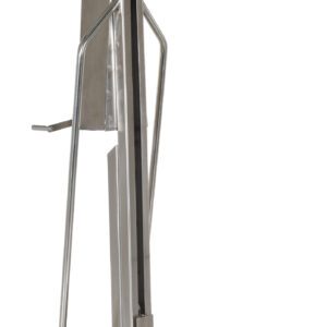 The Vestil Lightweight Manual Ss Lift 440 Cap, resembling a metal hand truck with a vertical frame and handle, features caster wheels for smooth movement and a flat, sturdy platform perfect for efficiently transporting heavy items or equipment.