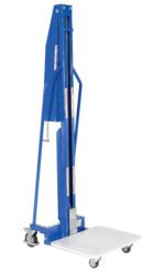 The Vestil Lightweight Manual Work Position 440 Cap is a blue hydraulic manual lifting device, featuring a sturdy base on four caster wheels, a white platform, vertical handles, and safety decals for secure operation.