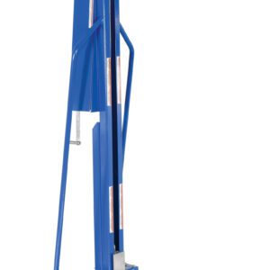 The Vestil Lightweight Manual Work Position 440 Cap is a blue hydraulic manual lifting device, featuring a sturdy base on four caster wheels, a white platform, vertical handles, and safety decals for secure operation.