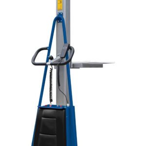 The Vestil Lightweight Dc Pwr Lift 550 Cap, with a 550 lb capacity, features a blue and black design. It includes a tall column, small platform, wheels for mobility, control handle, operation cable, and prominently displays a yellow caution label at the top.