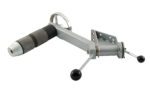 The Vestil Work Positioner Optional Reel Rotator is a mechanical device with a long arm, two black-handled levers, a cylindrical metal component, and a metallic base with bolt holes for mounting.