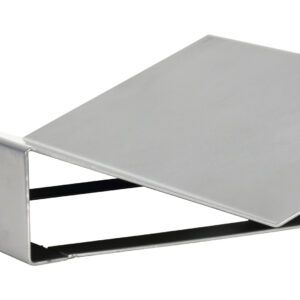 A sleek metal sculpture with geometric shapes, similar to a Vestil Work Positioner Optional V Block, features a triangular form above a rectangular base. It exudes modern minimalism with smooth metallic surfaces and could easily incorporate an optional V Block for added versatility.