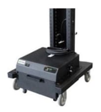 A black, wheeled base with a vertical column and attached cable, possibly part of a lifting or transport mechanism. It appears to be designed for industrial or technological purposes.