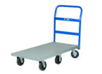 The Little Giant 6-Wheel Platform Truck boasts a blue and gray design with a flatbed, four sturdy black wheels, and a blue handlebar for easy maneuvering, reliably transporting heavy loads.