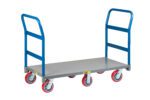 The Little Giant 6-Wheel Platform Truck - 2 Handles features two blue handles, six red swivel casters, and a sturdy gray metal base, making it perfect for effortlessly transporting heavy items with its simple design.