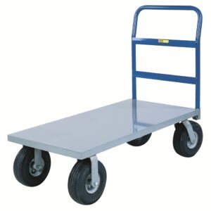 The Little Giant Cushion-Load Platform Truck with Pneumatic Tires has a blue handle, flat gray platform, and sturdy black pneumatic tires, making it ideal for moving heavy items in industrial or warehouse environments.