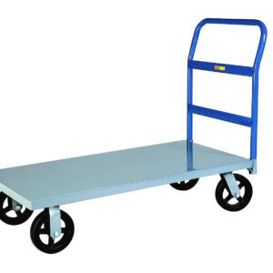 The Little Giant Heavy-Duty Platform Trucks feature a blue handle and four black swivel wheels, ensuring easy maneuverability. The large flat gray surface is perfect for transporting items, combining durability with a practical design.