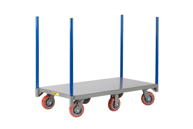 The Little Giant 6-Wheel Pipe Stake Truck includes a gray platform with four vertical blue posts and six red wheels, ensuring smooth maneuverability for transporting bulky or heavy items efficiently.