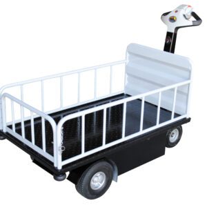 The Vestil Traction Drive Cart Top Load W/ Gate features a black platform and white railings for easy maneuverability with four-wheel mobility. Its control-button steering handle simplifies transporting goods, making it ideal for warehouses or airports, and includes a secure gate.