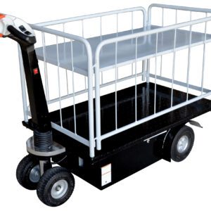 The Vestil Traction Drive Cart-1 Shelfs-Side Load features a sleek black base with four wheels and a steering handle. It includes side rails to secure cargo and an upper metal shelf for extra storage, ideal for efficient, side-load transport.