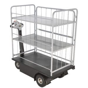 Introducing the Vestil Traction Drive Cart-2 Shelfs-Side Load, featuring two sturdy metal shelves and side railings. Its sleek black base and wheels ensure easy maneuvering with the control handle, making side loading convenient.