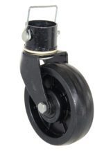 A black swivel caster with a textured rubber tire and metal bracket, resembling the Vestil Trailer Jack Nose Caster Poly 6 X 2 design. It stands upright with a metal plate and bolt on top for easy attachment.