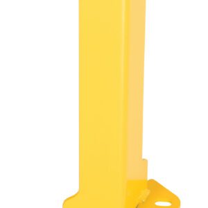 The Vestil Low Profile Rack Guard 8 X 3 X 17.875 is a yellow metal safety bollard with a rectangular base and two round mounting holes, offering a simple industrial design and a slight top curve for elegance.