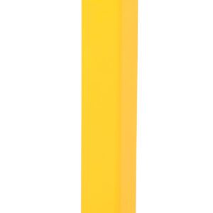 The yellow upright metal barrier, comparable to the Vestil Low Profile Rack Guard 8 X 3 X 23.875, has a curved top, flat base with mounting holes, and a simple industrial design, making it perfect for protection or separation uses.