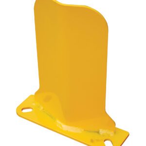 This glossy yellow metal bracket looks like a Vestil Low Profile Rack Guard 10 X 3 X 11.875, with a flat rectangular base, two circular holes at each end, and a vertical rectangular section with a rounded top attached perpendicularly for enhanced stability.