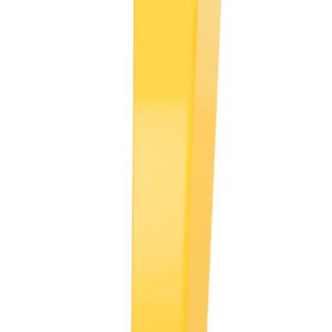 The Vestil Rack Guard 10 X 3 X 35.875 is a tall, yellow metal bollard with a flat rectangular base and two mounting holes, offering a smooth, glossy finish and a slightly curved top edge for added safety and style.